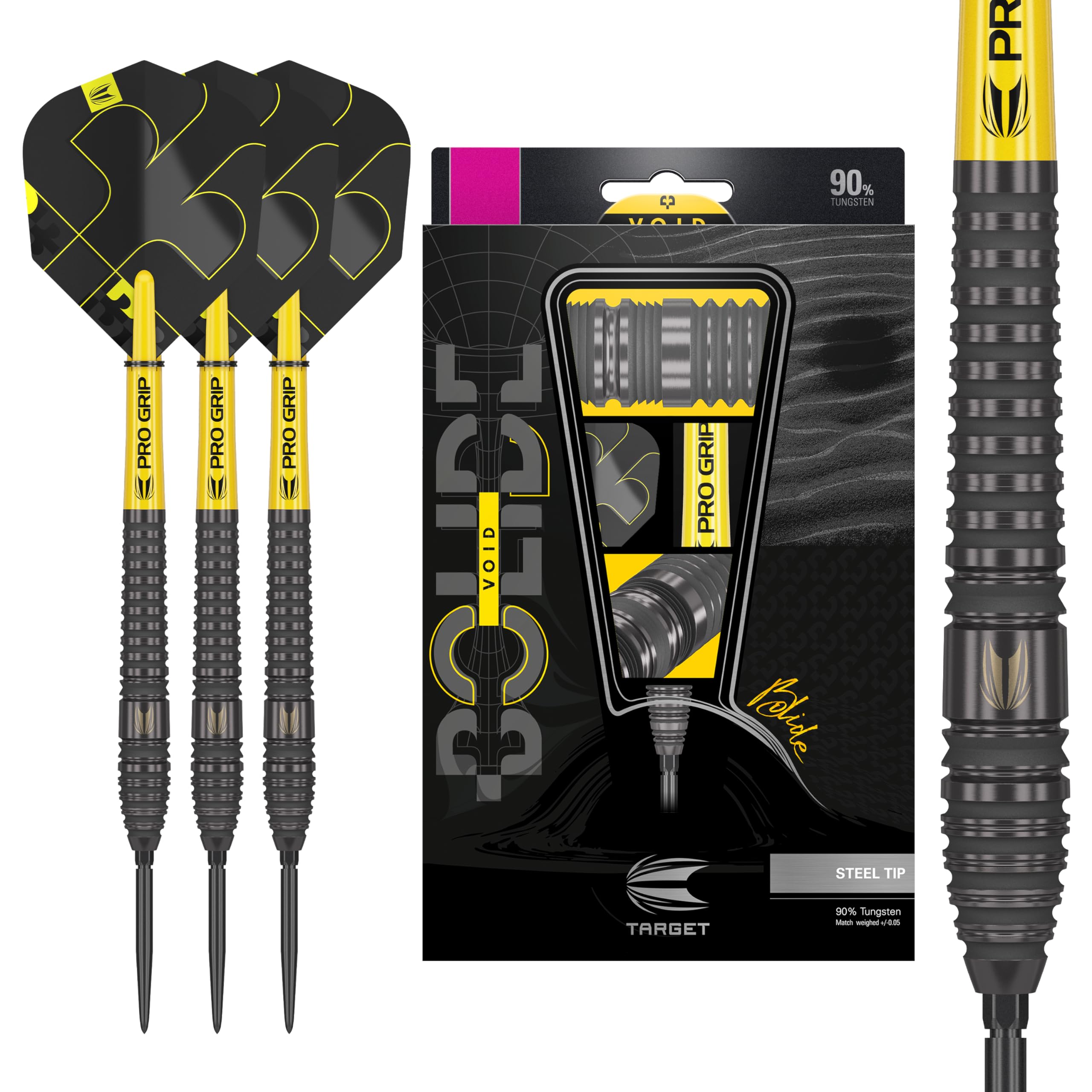 Target Darts Bolide Void 90% Tungsten Dart Set, Steel Tip Swiss Point Darts | Barrel 03, 26G | Professional Darts Sets, Black Darts, Swiss Point Tool Included