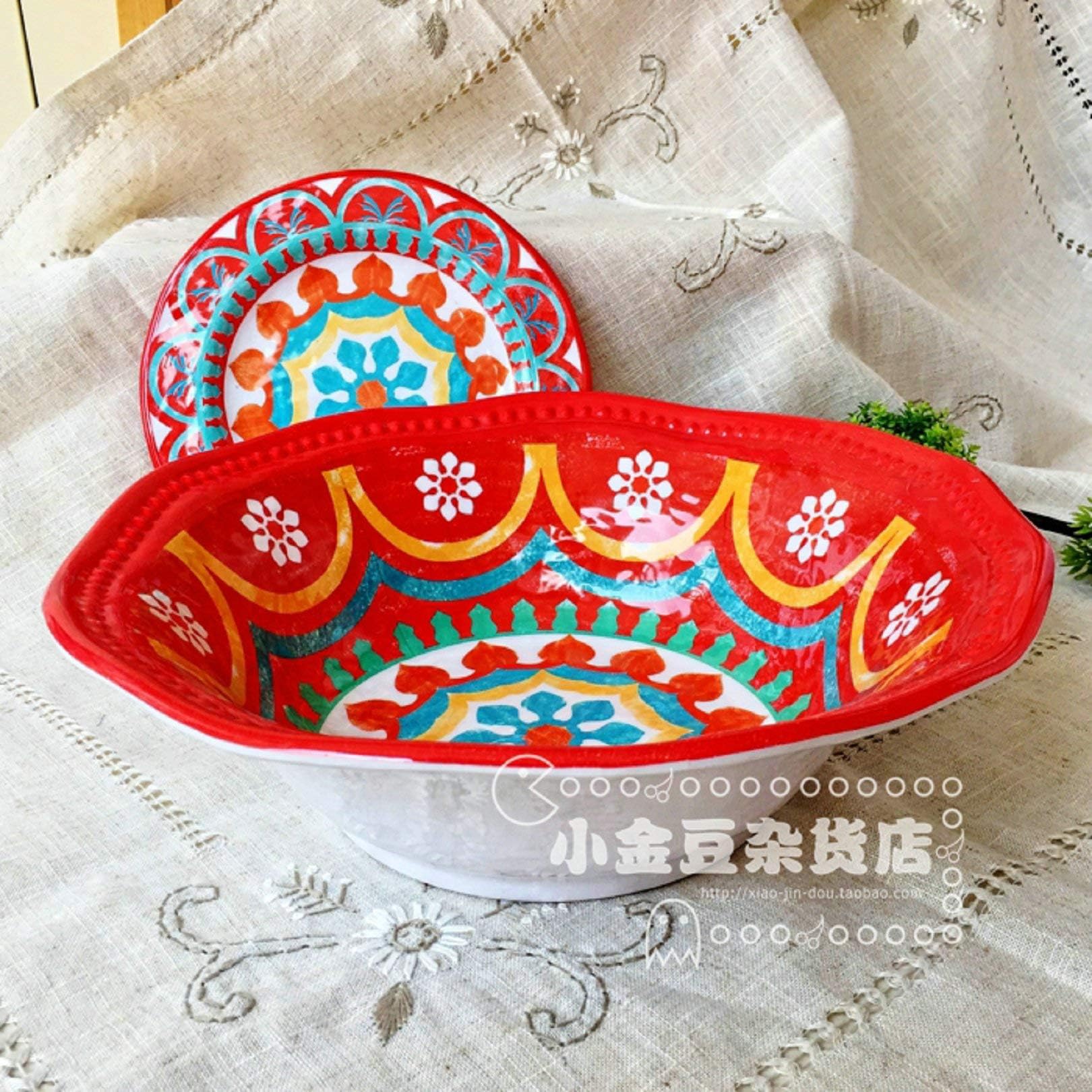 Plates, Ceramic Tableware, Steak Plates,Plate Bohemian Exotic Embossed Thick Pattern Plate Melamine Tableware Snack Plate Western Dish Decorative Plate, Basin