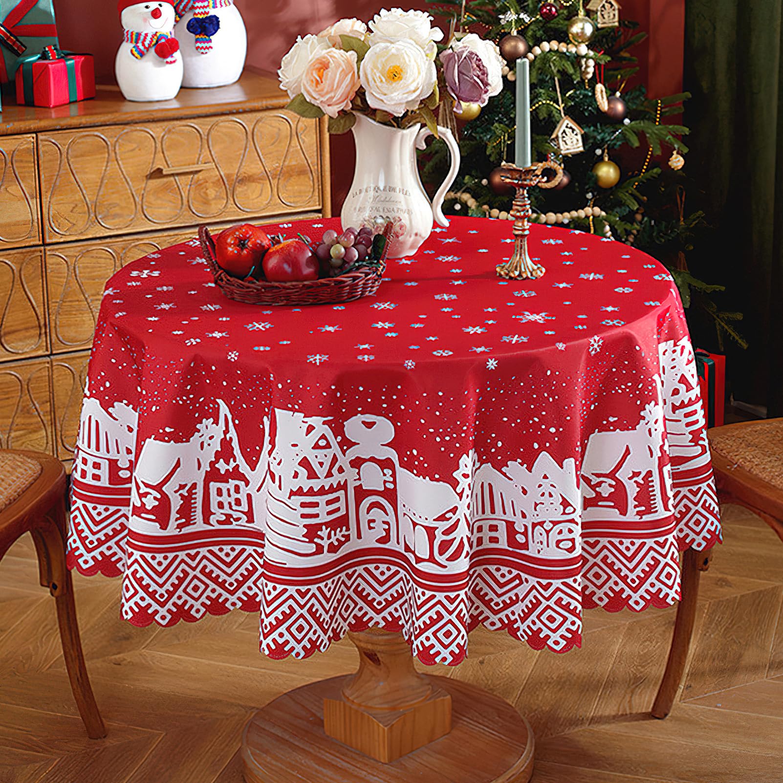 auons Christmas Tablecloth Round 60 Inch, Winter Snowflake Red Washable Table Cloths Christmas Decorations, Waterproof Chrismtas Table Cover for Dinner Table Holiday Party Picnic