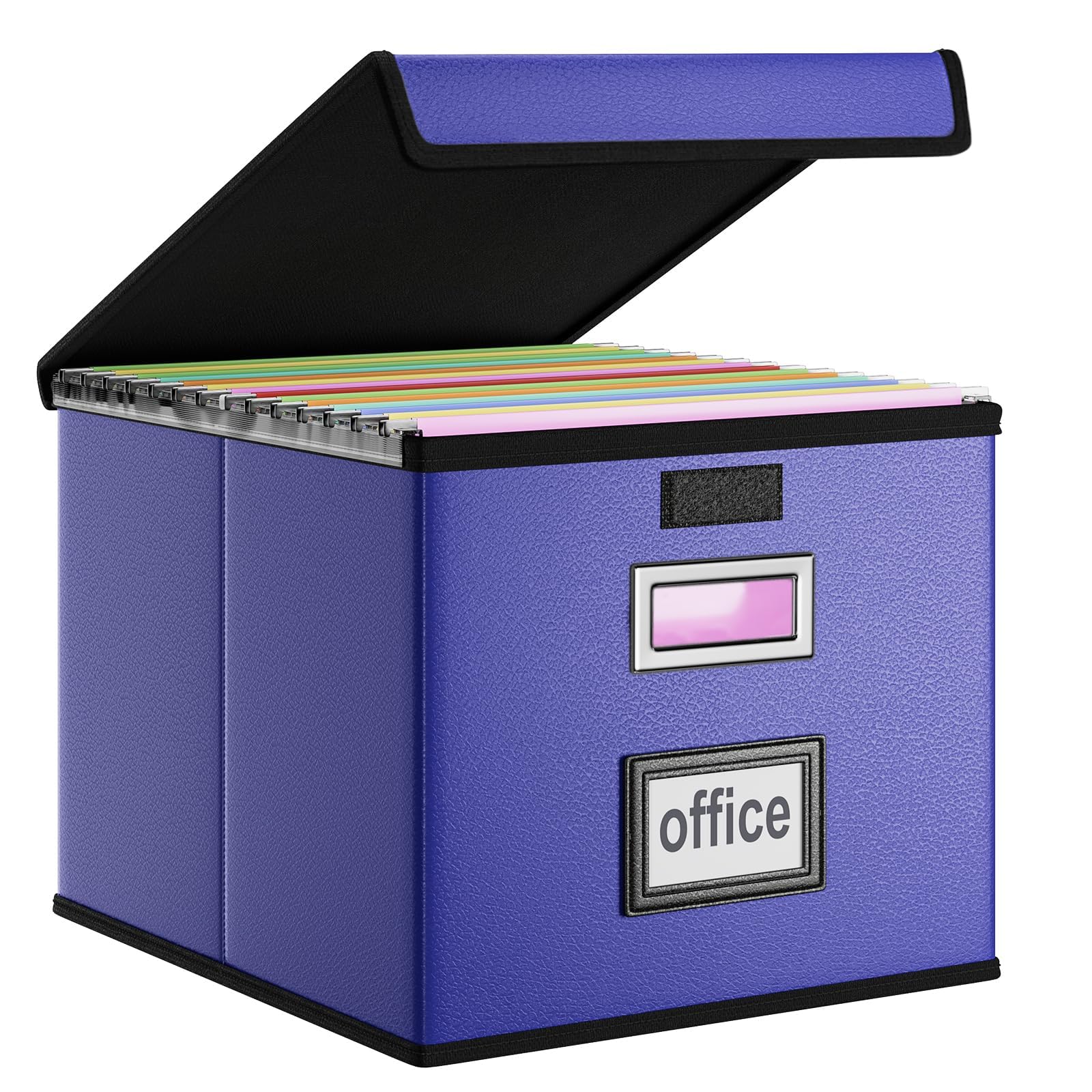 Photo 1 of Huolewa File Organizer Box with Lid, Collapsible Leather File Folder Organizer for Office Document Storage, Filing Box with Plastic Slide for Letter/Legal Size Hanging Files,Navy Blue