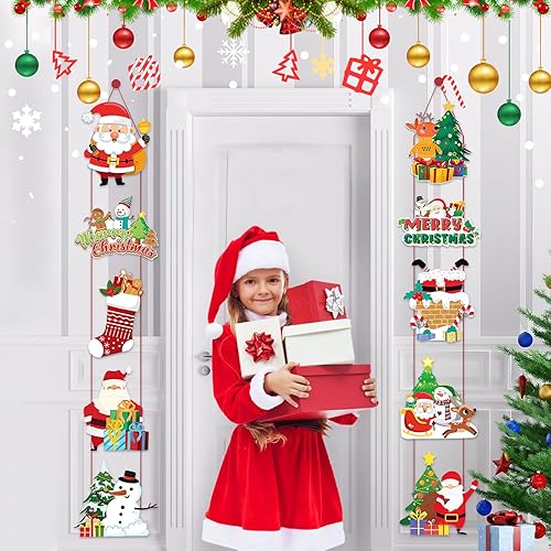 Minicoco 10 Pcs Christmas Door Ornaments Christmas Decorations Christmas Door Sign Decor Merry Christmas Hanging Decor Santa Snowman Wooden Christmas Door Sign for Front Indoor Outdoor
