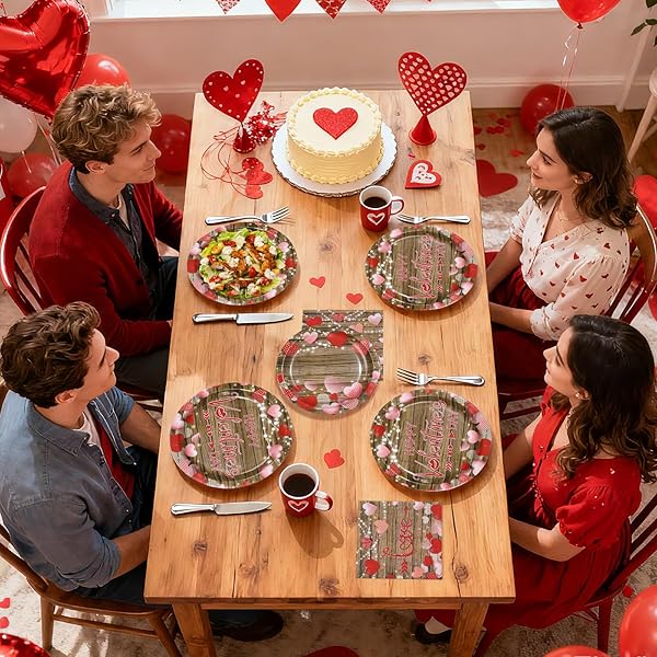 200PCS VALENTINE’S DAY DECORATIONS HAPPY VALENTINE PLATES AND NAPKINS VINTAGE WOOD RED LOVE HEART DECORATIONS FOR VALENTINES DAY ROMANTIC WEDDING ANNIVERSARY ENGAGEMENTS PARTY SUPPLIES SERVES 50