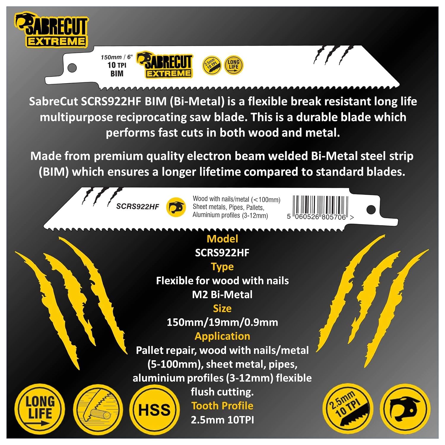 3 x SabreCut SCRS922HF_3 150mm 10 TPI S922HF Fast Wood and Metal Cutting Reciprocating Sabre Saw Blades, Silver - Image 4