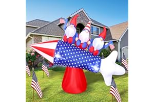 CHIVAO 7 Ft Tall Patriotic Independence Day Inflatables Decorations Gnomes Sitting on Inflatable American Flag Stars Rocket with LED Lights Inflatable American Decor 4th of July for Yard Lawn Garden Home