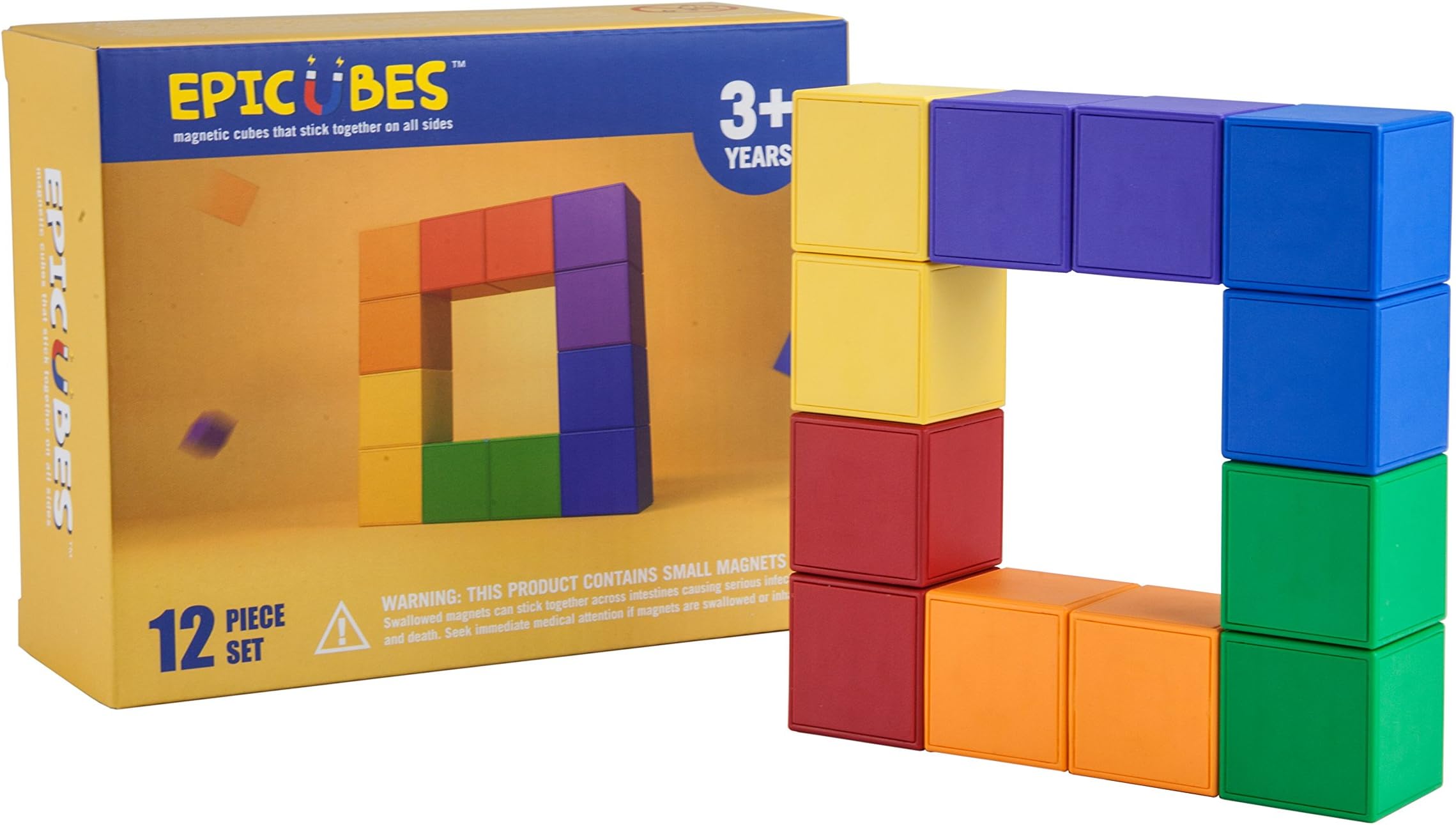 Epicubes Magnetic Building Blocks 12 Piece Set - 3D Construction Kit, Magnetic Cubes That Stick On All Sides, 6 Colors