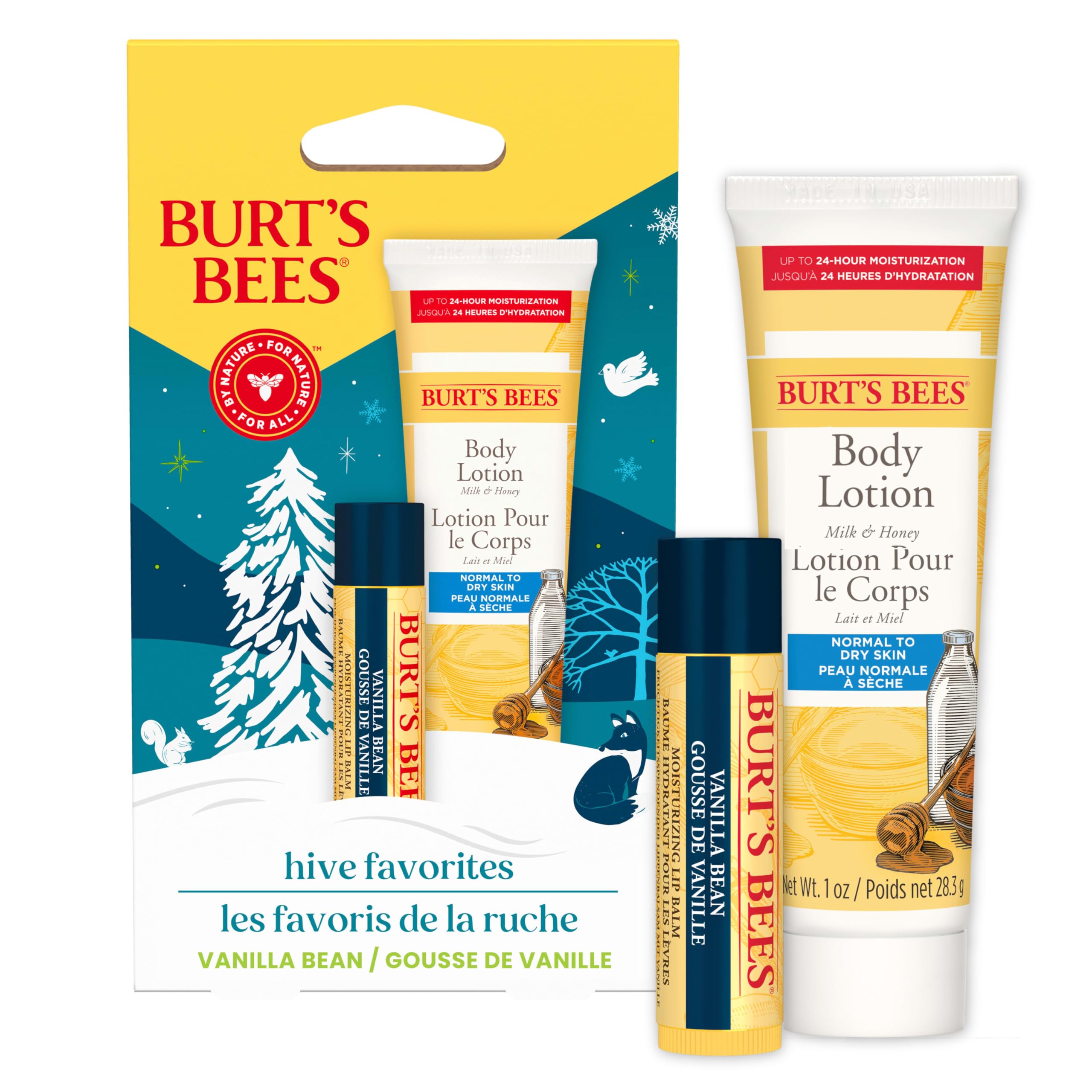 Burt's Bees Gift Set for Lip & Body, Vanilla Bean Lip Balm & Mini Milk & Honey Body Lotion, Hive Favorite Limited Edition