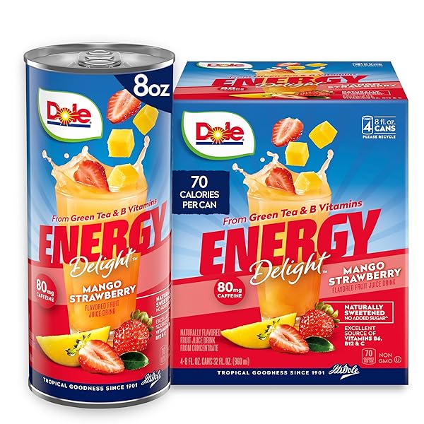 DOLE ENERGY DELIGHT FLAVORED FRUIT JUICE DRINK, MANGO STRAWBERRY, NO ADDED SUGAR, EXCELLENT SOURCE OF VITAMINS B6, B12 & C, FROM GREEN TEA & B VITAMINS, 80MG CAFFEINE, 8 FL OZ (PACK OF 4), 4 CANS