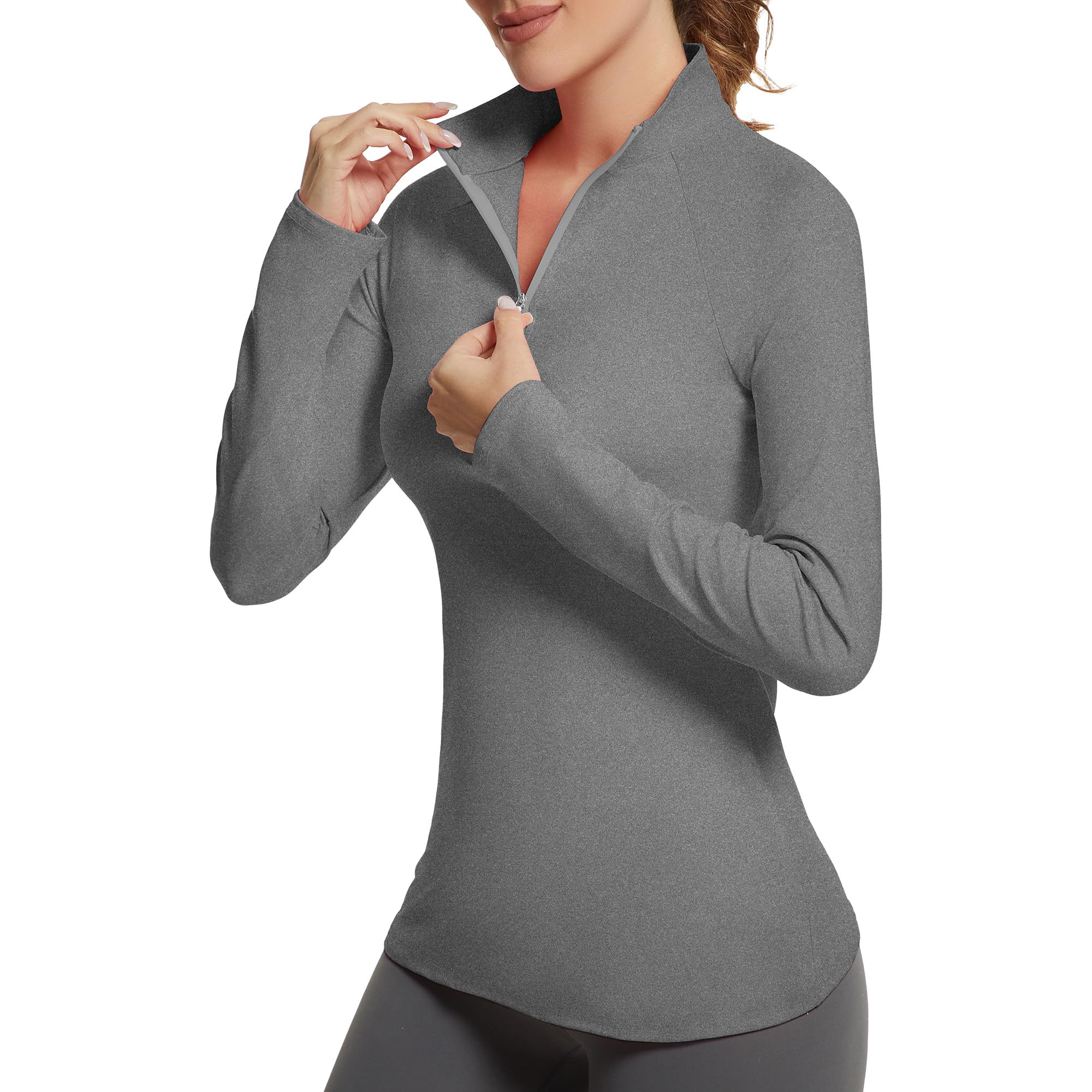 GGOV Golf Shirts for Woman UPF 50+ Sun Protection Quick Dry Lightweight Long Sleeve Polo Shirts for Woman Rash Guard Light Grey