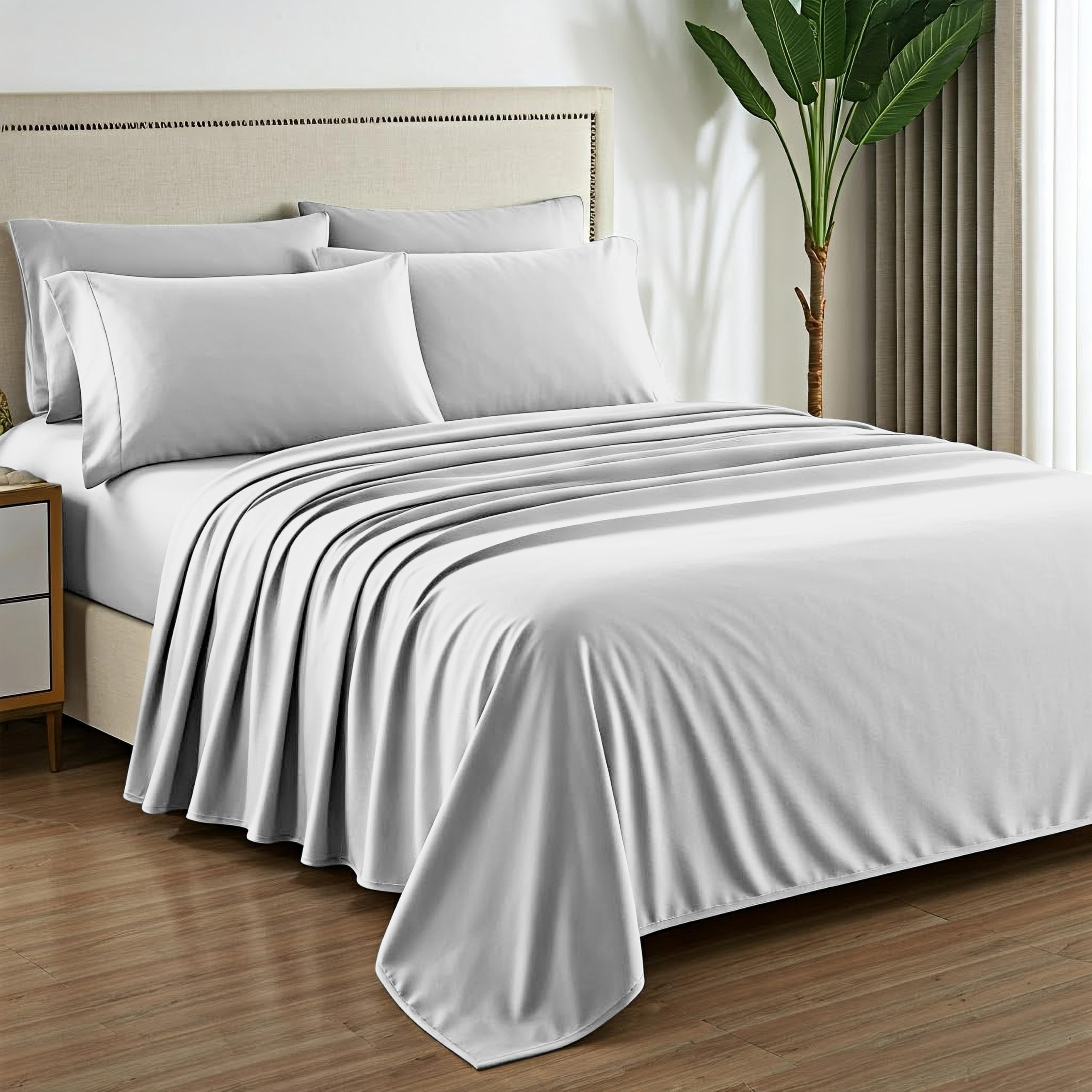 Photo 1 of Mayfair Linen 100% Egyptian Cotton Sheets Set King - 1000 High Thread Count, Luxury 5-Star Hotel 6 PC Sateen Bed Sheets King Size, Soft, Breathable Extra Long Staple 16" Deep Pocket Sheets - Silver