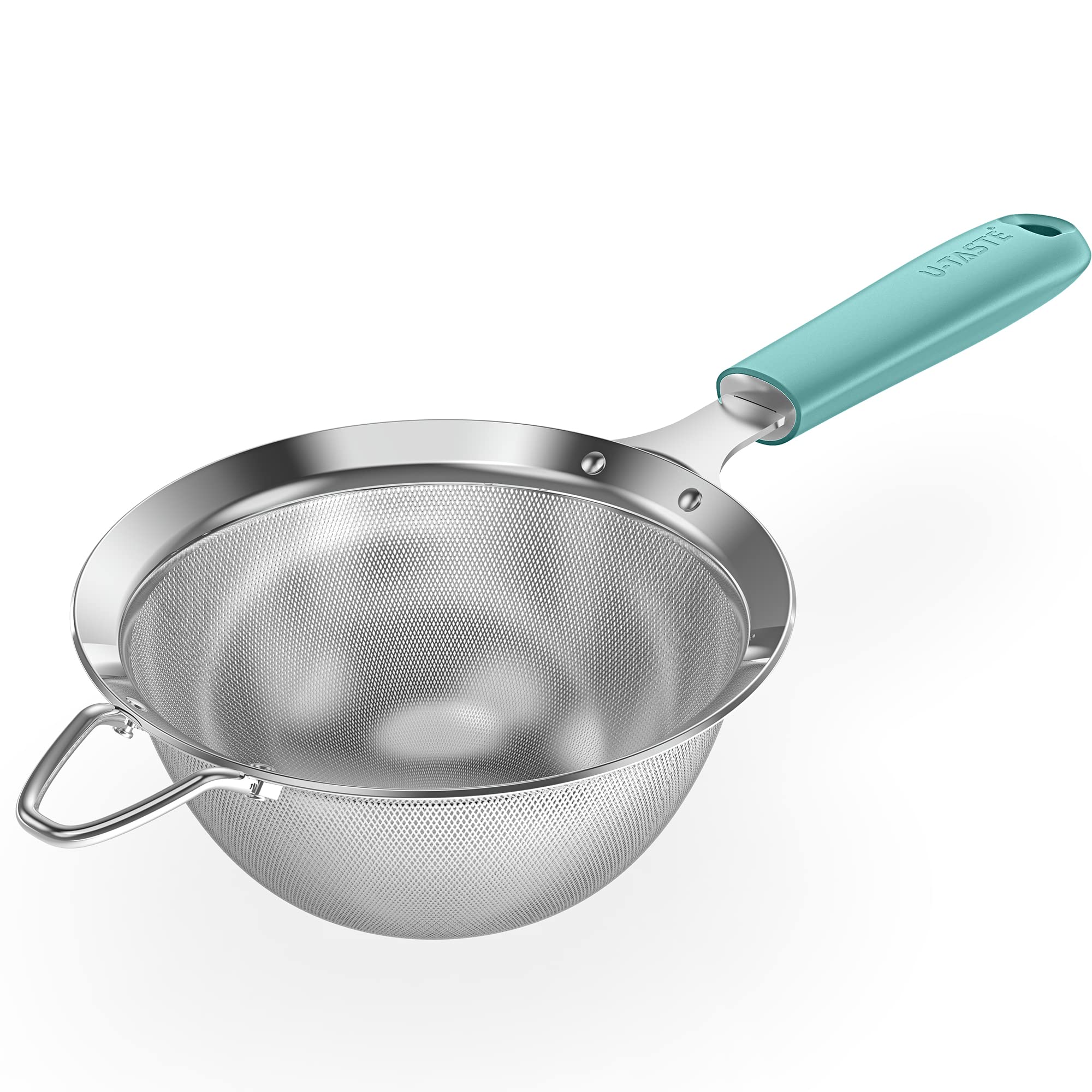 18/8 Stainless Steel Mesh Sieve: U-Taste Kitchen Metal Fine Mesh Sieve Strainer with Riveted Sturdy Silicone Handle and 30 Mesh Hole for Straining Flour, Tea, Coffee, Juice (Aqua Sky, 14 cm)
