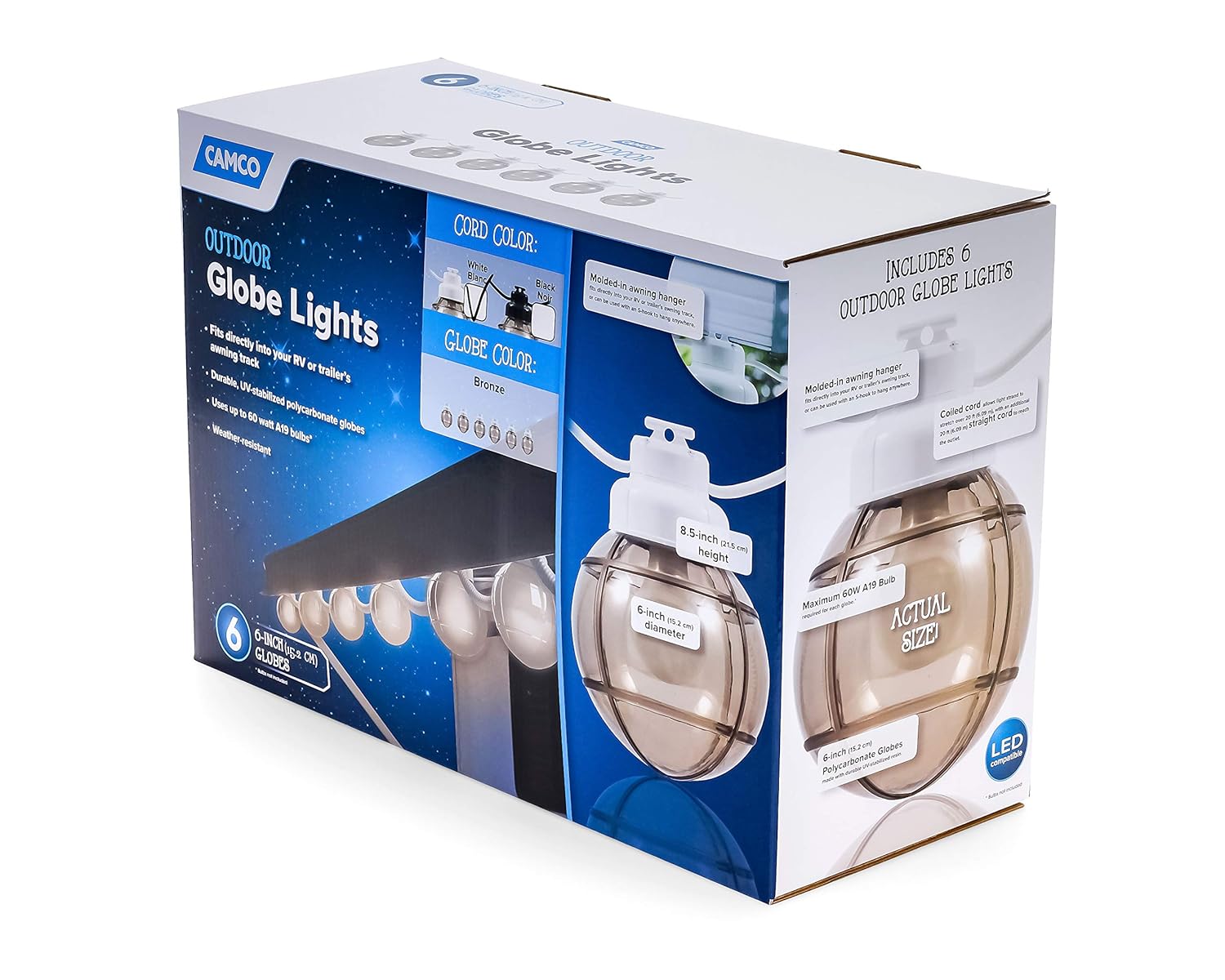 Camco 42750 Decorative RV Awning Globe Lights 10 Multicolor Globes on White Wire Great for