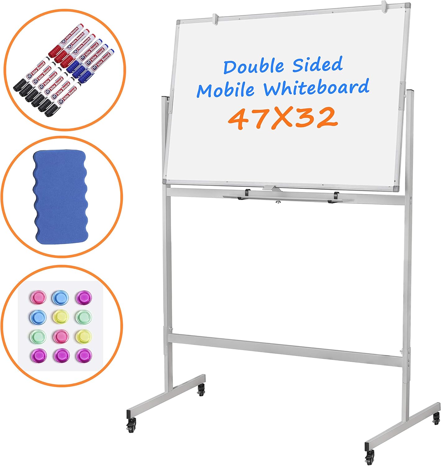 Mobile White Board, 47 x 32 inch Double Sided Dry