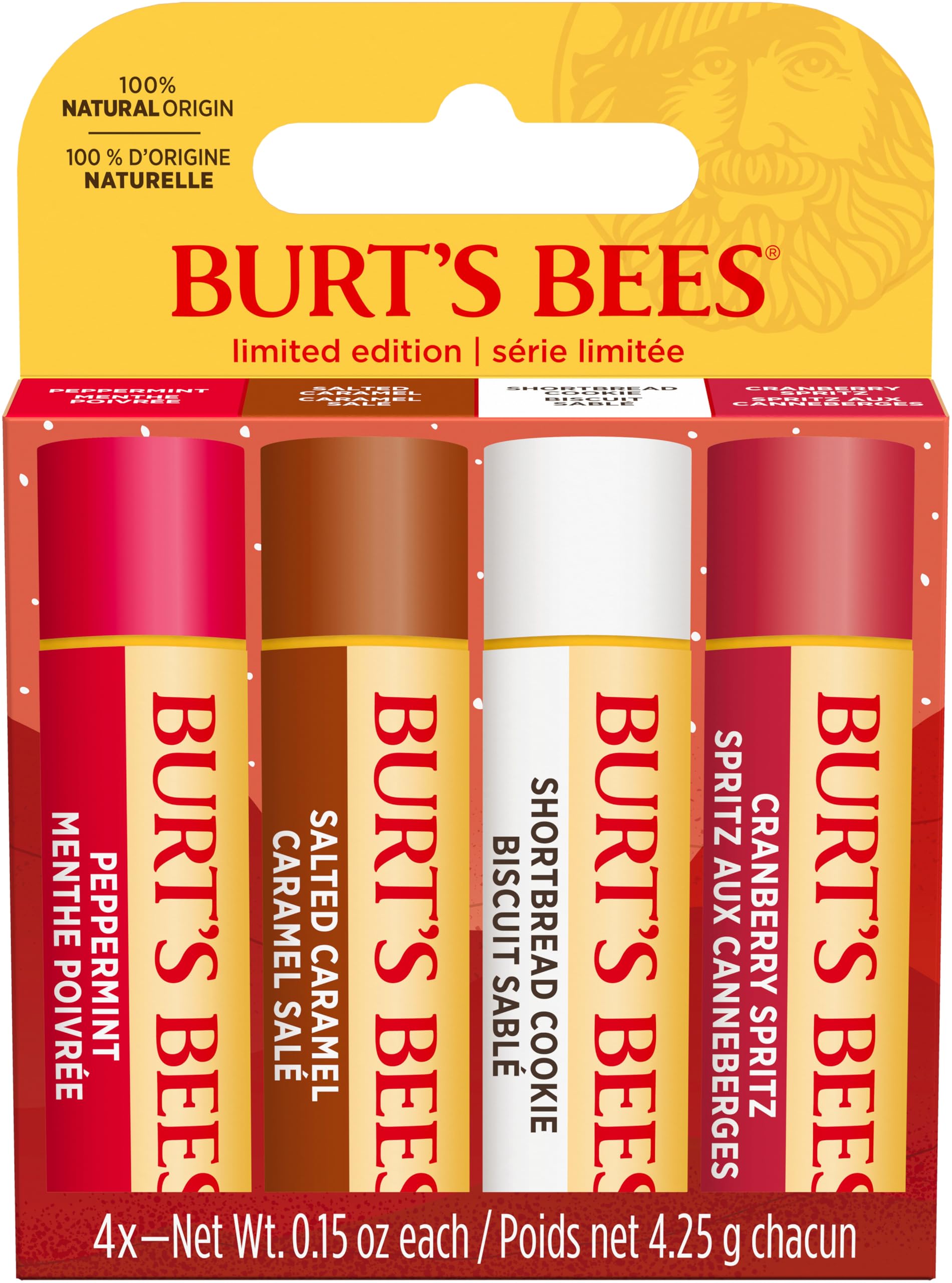 Burt's Bees Lip Balm Gift Set, Shortbread Cookie, Cranberry Spritz, Salted Caramel, Peppermint, Lip Balm Multipack, 4x4.25g