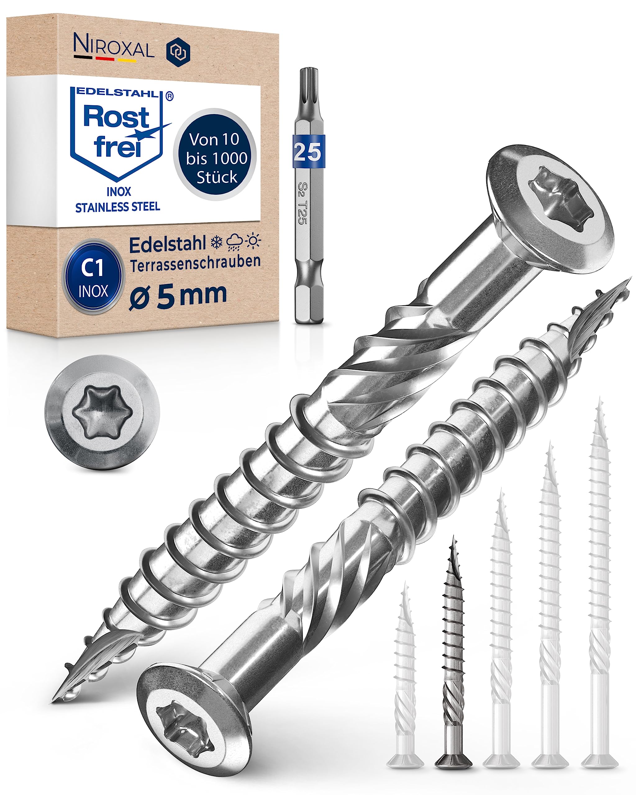 NietFullThings Decking Screws Stainless Steel C1 Wood Screws Torx Drive Deck Screws for Wood Outdoor 5x50 mm Pack of 250