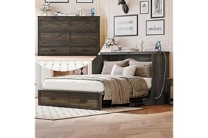 howcool Queen Murphy Bed Cabinet with Charging Station and Large Storage Drawer, Solid Pine Wood Platform Bed Frame, Foldable Cabinet Bed for Home Office, Space Saving Design, Rustic Gray