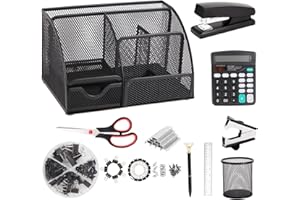 yuun Black Desk Organizer and Accessories, Office Supplies Include Mesh Desk Organizer, Stapler, Staple Remover, Scissor, Clips Set, Pen Holder, Ruler, Pen and Staples etc