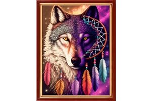 Disxvivy Cross Stitch Stamped Full Embroidery Kits DIY 11CT Cotton Thread Printed DIY Needlepoint Kits Craft Needlework Set Cross-Stitch Stamped Sets-Wolf Wind Chime 15.7x19.7 inch