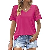 OFEEFAN Casual V Neck T Shirts for Women Lace Short Sleeve Curved Hem Tops Loose Fit