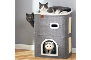 CATBOAT 2-Storey Cat House for Indoor Cats Bed, Covered Beds & Furniture with Scratch Pad and Hideaway Cave, Cute Modern Condo for Multi Small Pet Large Kitten Kitty, Grey