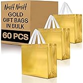Nush Nush Shiny Large Gold Gift Bags Bulk - Set of 60 Gold Reusable Gift Bags with Handles- Ideal For Small Business, Christmas Gifts, Thanksgiving, Birthday Party Favor, Corporate Gifts - 13Wx5Dx11H