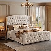 VASAGLE King Bed Frame with Tall Headboard, Upholstered Platform Bed Frame King Size, with Wingback Tufted Headboard and Footboard, Wooden Slats, No Box Spring Needed, Cappuccino Beige URMB884W01