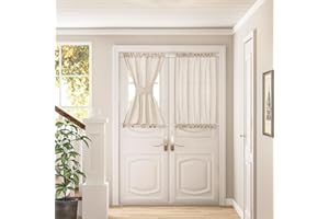 DUKIYO Linen Beige Sheer Curtains for Kitchen Window Bathroom French Door Curtains 2 Panels Dual Rod Pocket Semi Sheer Drapes for Glass Door with Tieback Privacy Light Filtering W25xL40