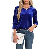 AxByCzD Womens Velvet Tops Trendy Dressy Casual 3/4 Length Sleeve Round Neck Elegant Blouses