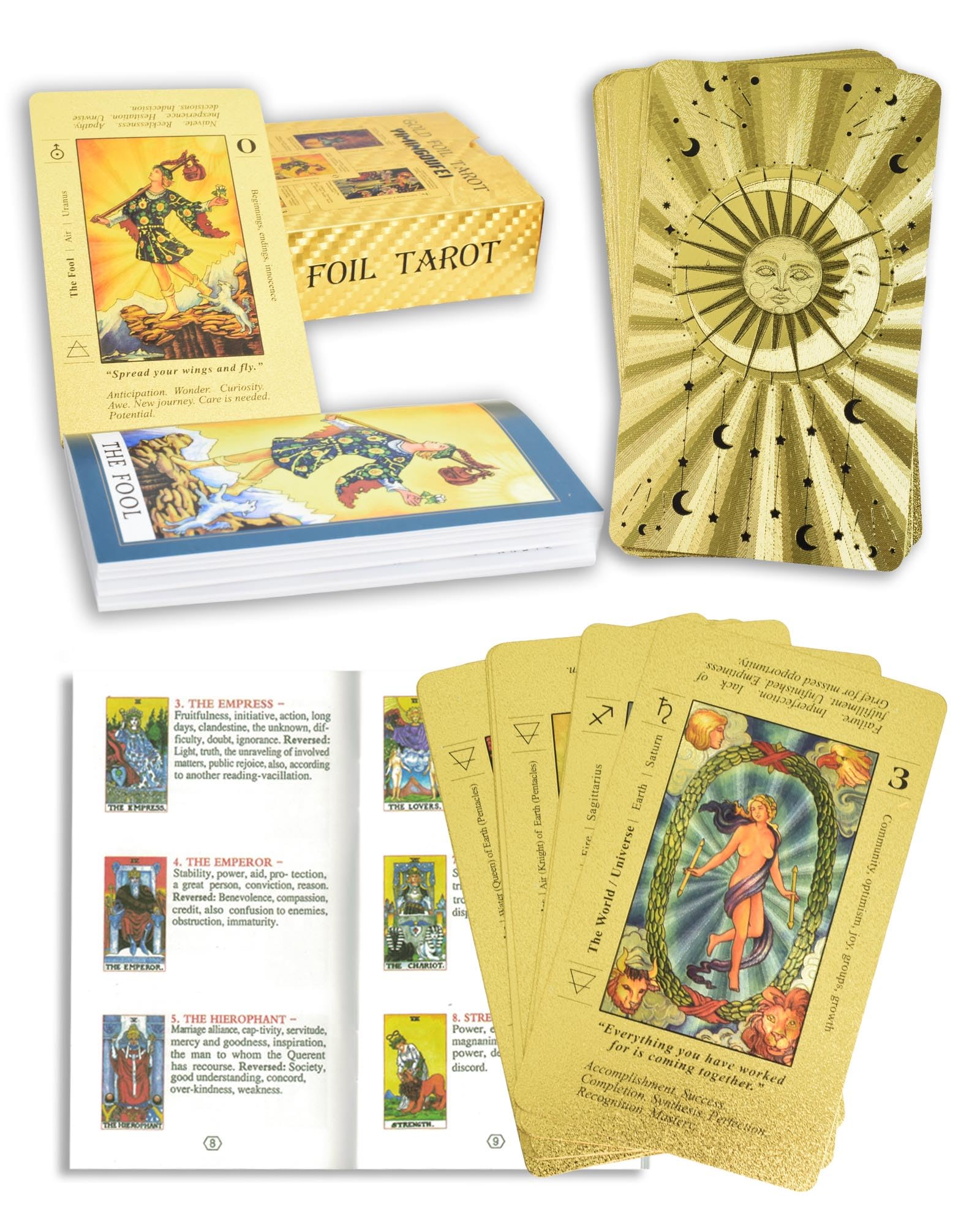 YIMINGOUFEI Gold Foil Tarot Cards Deck, 78 Cards with Guide Book, Waterproof PVC Design, Cards with front and back meanings, suitable for beginners, Celestial Sun Moon Pattern