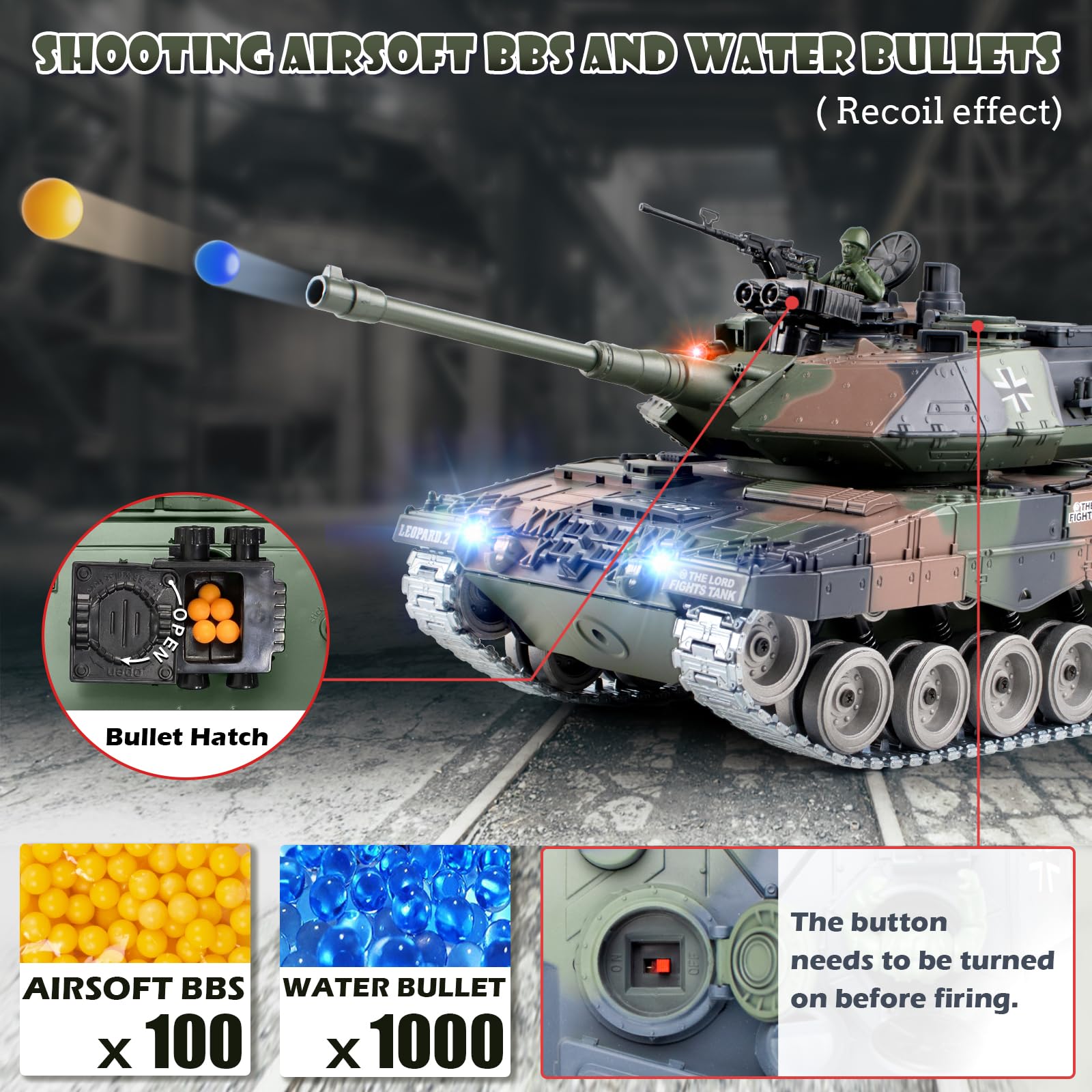 Supdex 1:18 RC Tank, 2.4Ghz Metal German Leopard II Remote Control Model Toys, RC Vehicle Military Tank That Shoots BBS and Water Bombs, Army Toy for Adults and Kids with Smoke, Lights, Sound, Recoil