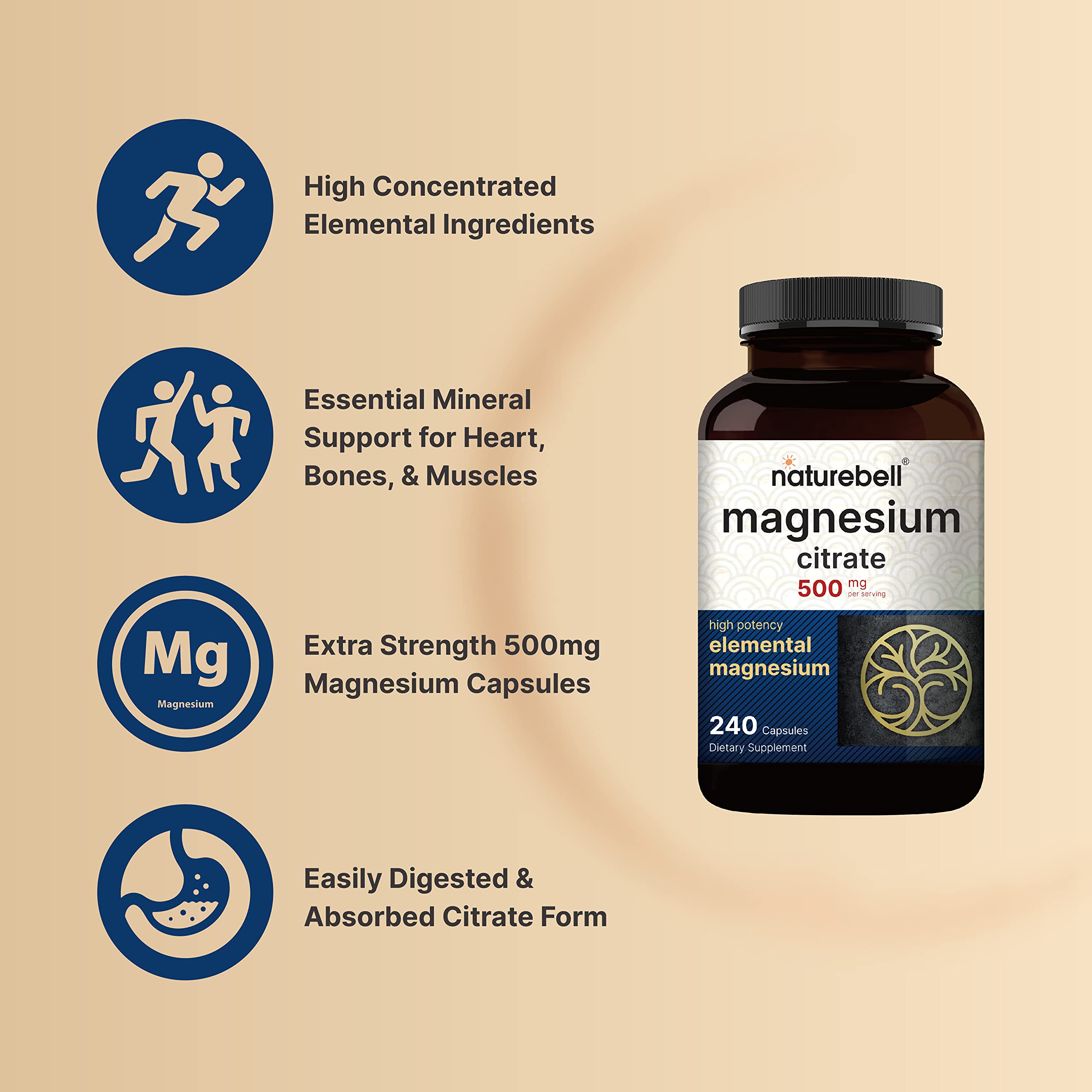 NatureBell Magnesium Citrate 500mg, 240 Capsules | High-Purity Elemental Form | Heart, Muscle & Digestion Support | Non-GMO, Gluten-Free