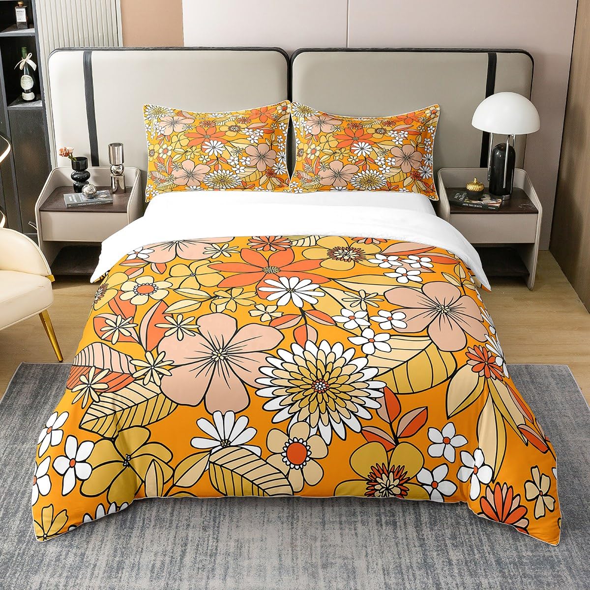 Boho Floral 100% Cotton Duvet Cover Double,Retro 1960S 1970S Groovy Flower Comforter Cover for Kid Girls Teens,Orange Boho Hippie Trippy Bedding Set Botanical Blossom Quilt Cover with 2 Pillowcases