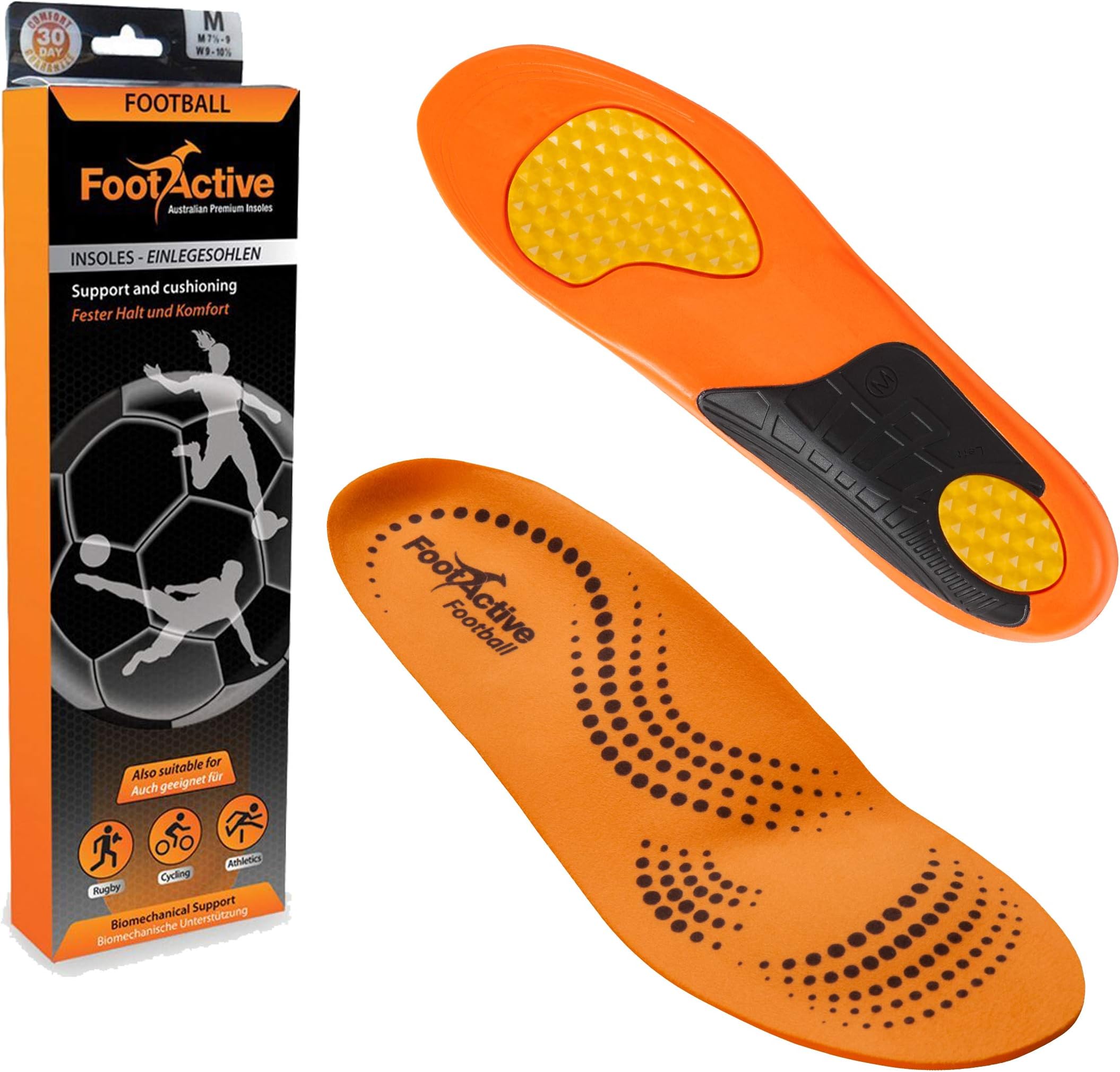FootActive FOOTBALL Insoles Arch Support Orthotic Insole for Football, Rugby, Hockey and Cycling Boots with Tapered Toe, TPU High Impact Shell and Shock Absorbing Cushioned Gel Pads