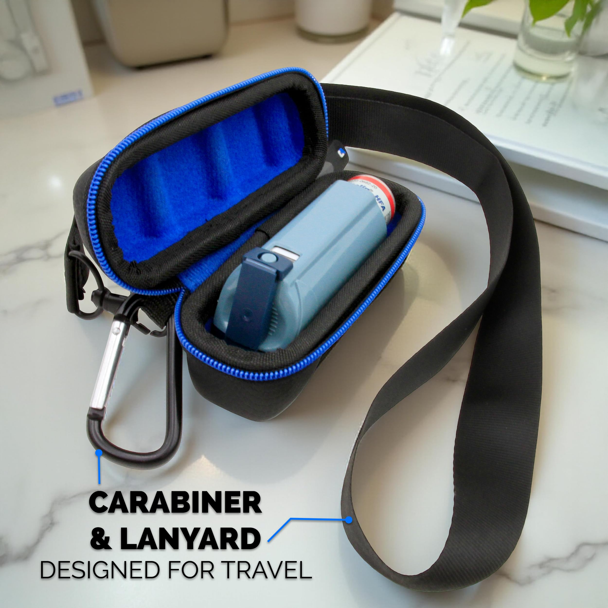 CASEMATIX Asthma Inhaler Travel Case with Lanyard and Clip-on Keychain Carabiner, Includes Inhaler Holder Case Only, Black