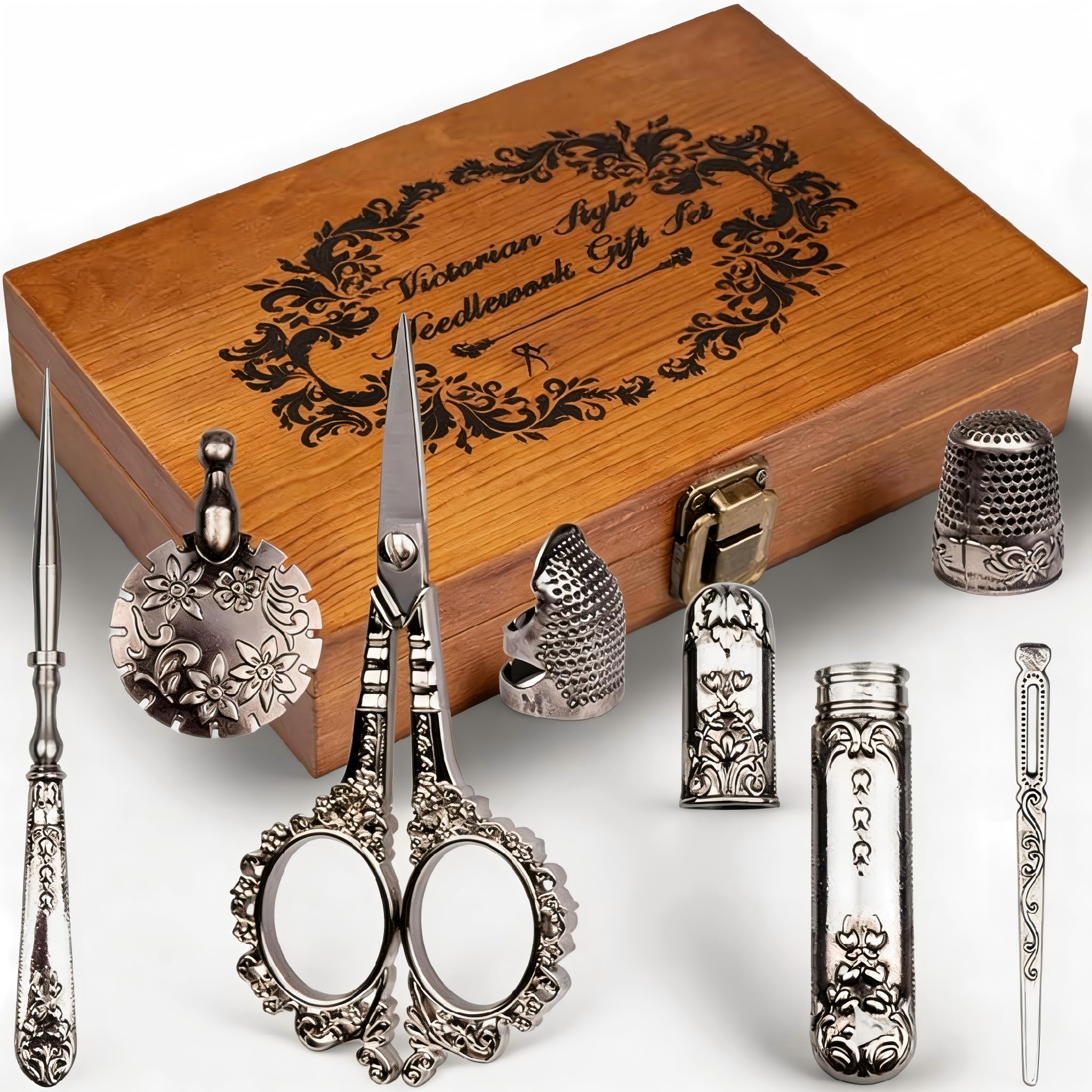 European Sewing Tool Kit, Vintage Embroidery Scissors and Case with Thimble and Needle Bottle for Sewing Needlework Cross Stitch Craft Accessories,Mothers Day Gifts(Silver)