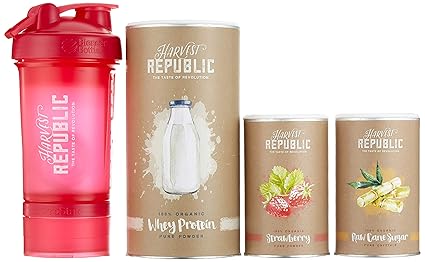 HARVEST REPUBLIC Starter Kit, 1x Bio-Whey Protein, 1x Bio-Erdbeerpulver, 1x Bio-Rohrzucker, 1x Blender Bottle ProStak Shaker 