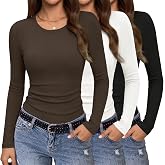 Popclub 3 Packs Womens Long Sleeve Shirts Ribbed Layering Tops Basic Tee | Soft and gentle on skin, Doesn't pill easily, Stretchy and form-fitting, Long-lasting, Versatile, Slimming, Delicate texture