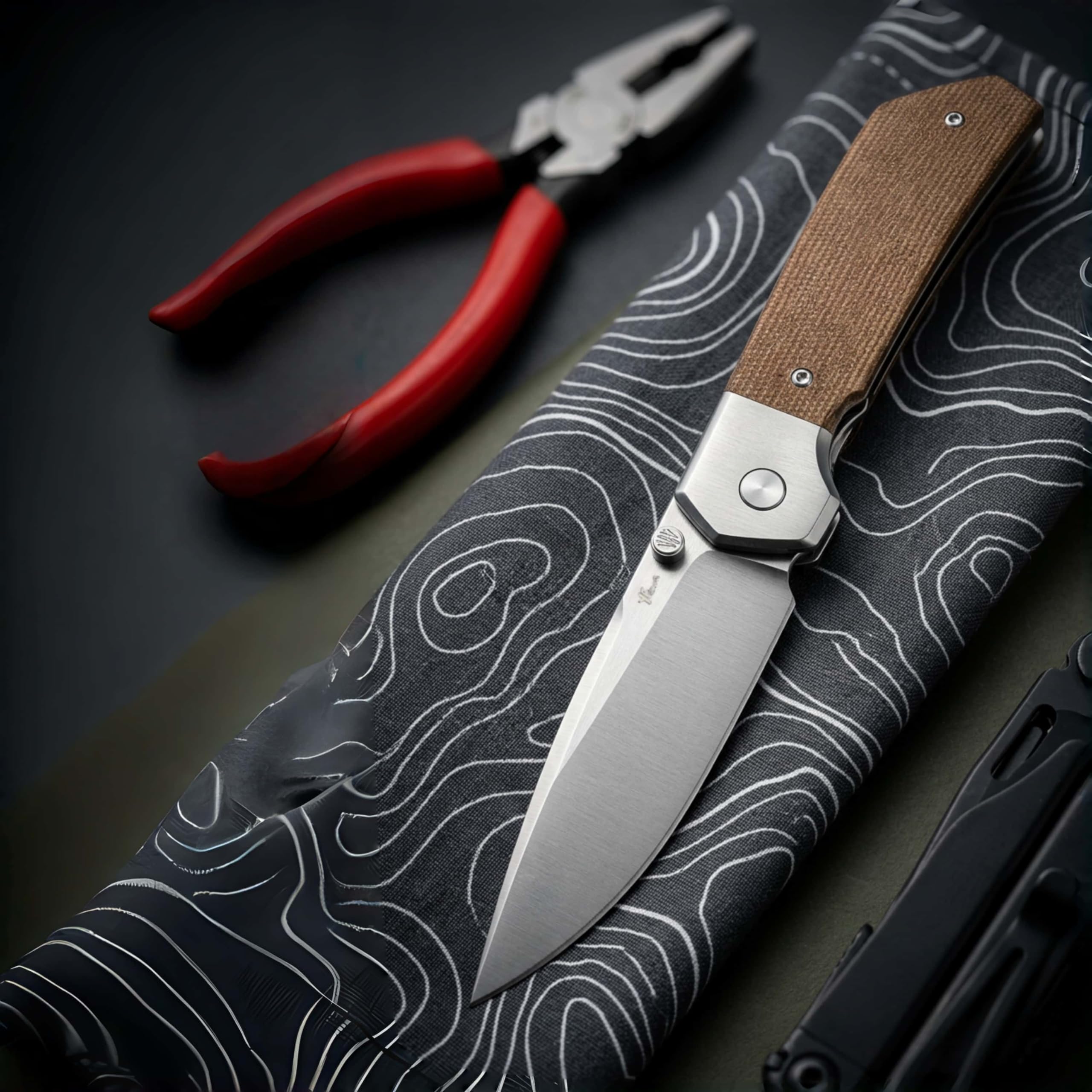 YF SMART EDC Taschenmesser mit D2 Stahl Klinge – 7,6 cm Drop-Point, Micarta Griff/Holzgriff, Flachschliff, Manuelles Klappmesser mit Taschenclip – Robustes Outdoor & Alltagsmesser mit (Micarta Griff) 7