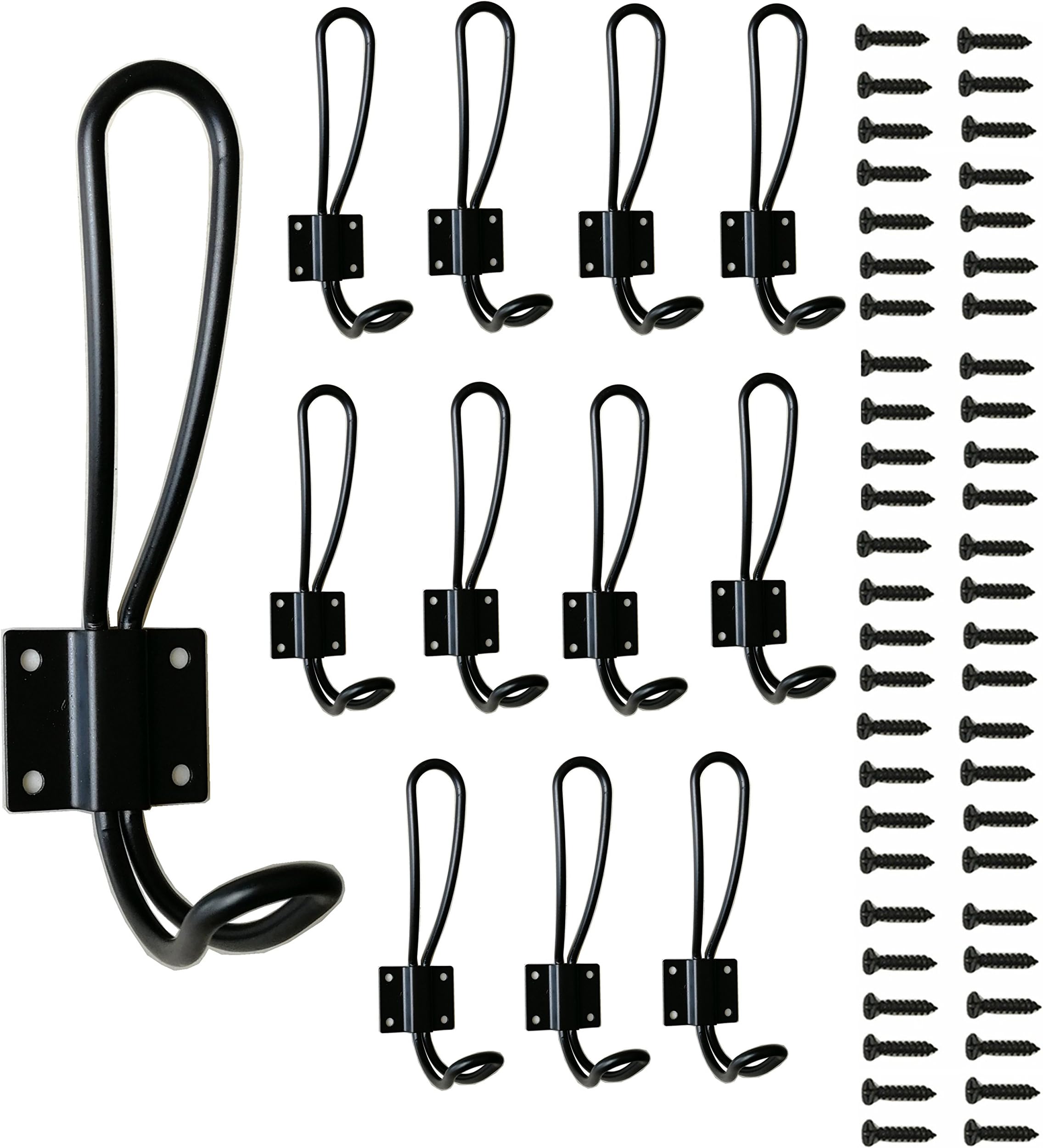 12 Pieces Black Big Wall Mounted Rustic Hook Robe Hooks Double Coat Hangers and 50 Pieces Screws for Rack Hanging Wire Hook Decorative Holder Heavy Duty Metal Door Storage Closet