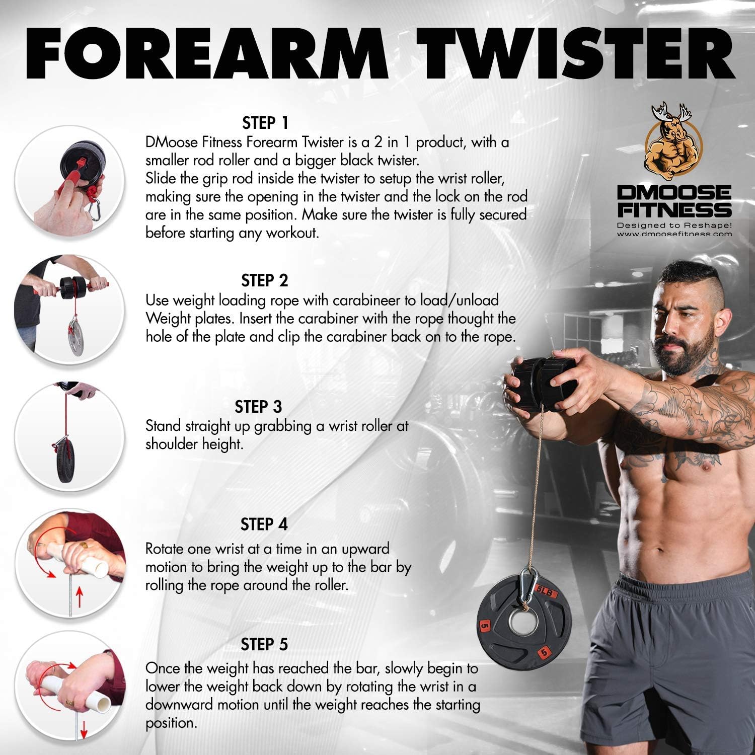 DMoose Fitness Wrist Exerciser, Forearm Blaster, and Strength Trainer, Hand Grip Foam Roller Home Gym Equipment (Black) : Sports & Outdoors