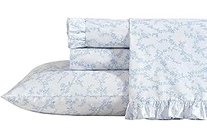 Laura Ashley - Queen Bed Sheets, Breathable Percale Cotton Bedding, 200 Thread Count, Floral Print, Dorm Essentials (Victoria Blue, Queen)