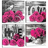 Pink Wall Decor Bedroom Wall Art Rose Flower Pictures Artwork 12x12 Retro Gray Love Floral Couples Canvas Prints Painting Modern Office Spa Bathroom Living Room Home Decoration Accessories 4Pcs/Sets