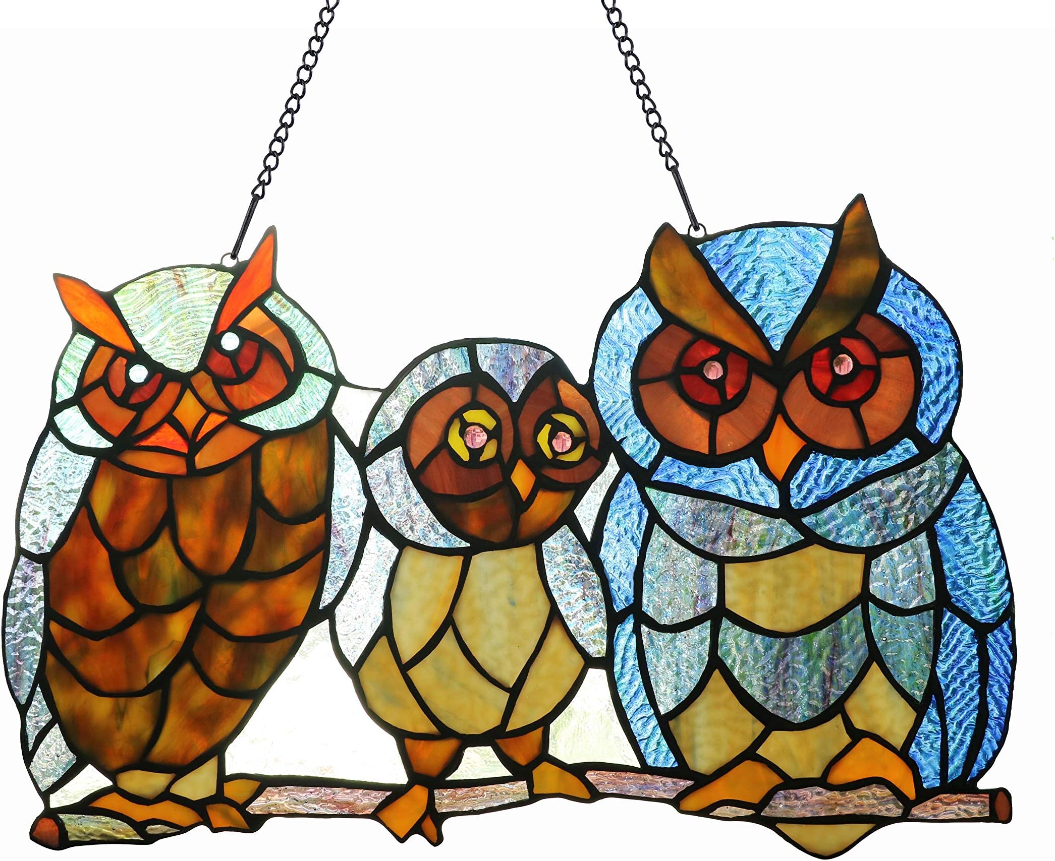 Yolic Ollie Tiffany-Glass Owls Family Members Stained Glass Window Panel 17 Inch