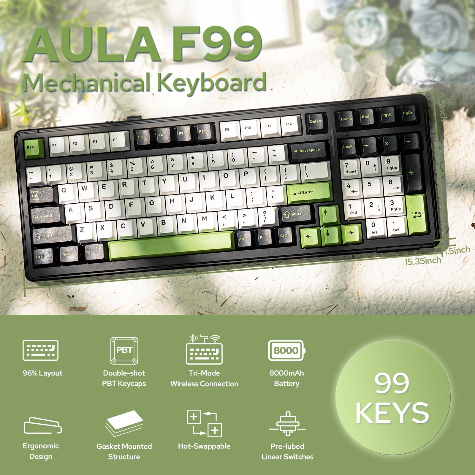 EPOMAKER x Aula F99 Wireless Mechanical Keyboard, Hot Swappable Gasket Custom Gaming Keyboard with Five-Layer Padding, Bluetooth/2.4GHz/USB-C, 8000mAh Battery (Black Green, Whale Sea Switch)