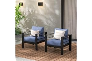 Wisteria Lane 2 Pieces Patio Furniture Aluminum Armchair, All-Weather Outdoor Single Sofa, Black Metal Chair with Blue Cushions