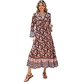 R.Vivimos Women's Boho Floral Print Midi Dress 2026 Long Sleeve V Neck Button Up Casual Loose Flowy Beach Long Dresses