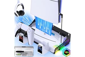 EUROA PS5 Wall Mount Kit with Cooling Station and Dual Controller Charging Station for Playstation 5 Slim Disc & Digital, PS5 Accessories-PS5 Stand with Cooler Fan, RGB Light, Headset Holder for PS5 Console