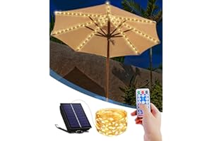 Klarlight Solar Powered Patio Umbrella Lights, Waterproof Outdoor Patio with Remote Control 8 Modes Warm White LED String Lights for Garden Patio Camping Tent Party Decoration