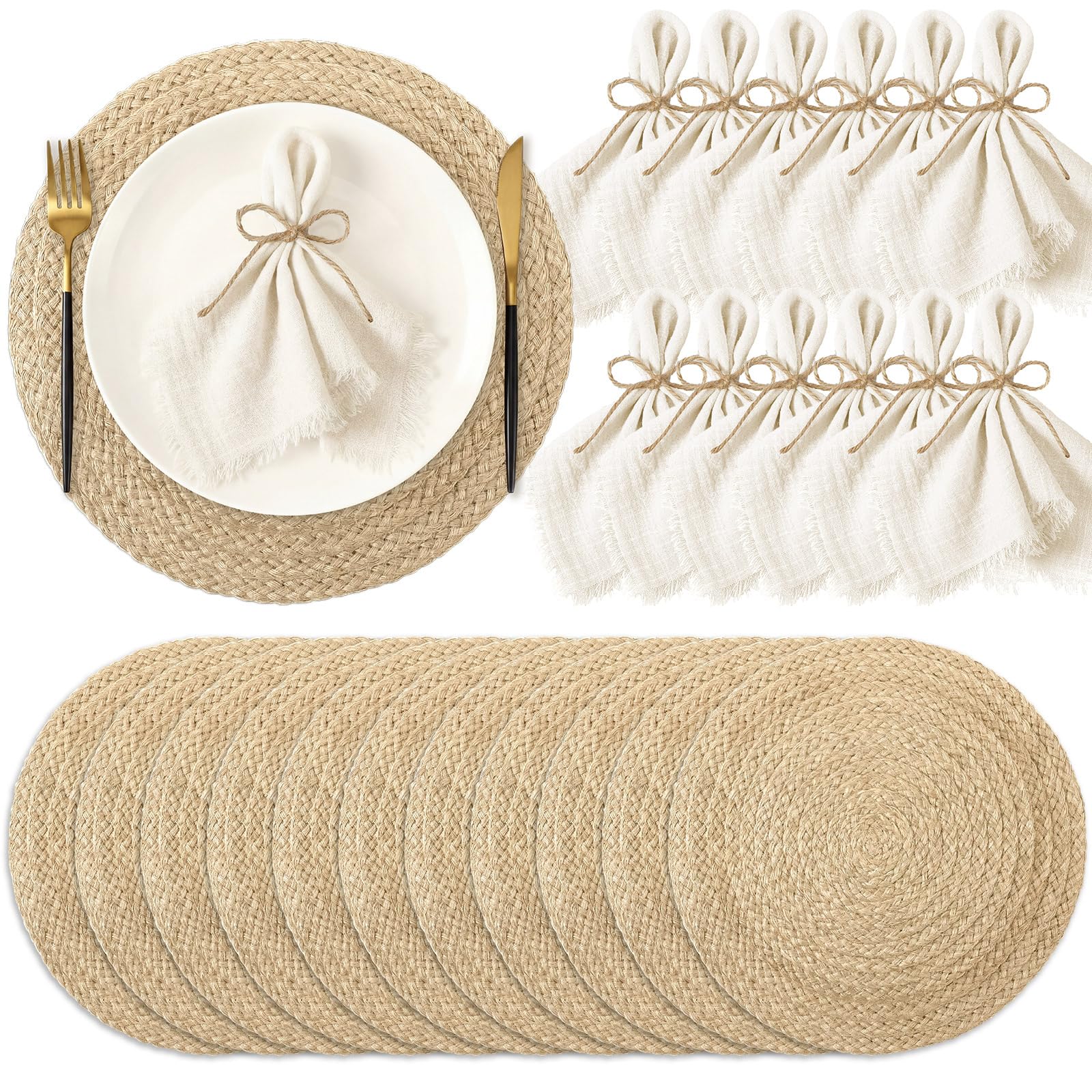 Photo 1 of Gandeer 12 Sets Boho 13'' Round Woven Jute Placemat and Beige Cotton Fringe Napkins 1 Roll Jute Rope for Napkin Ring Rustic Farmhouse Charger Mat for Home Wedding Bridal Shower Dining Party Decor