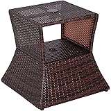 Outsunny Rattan Wicker Side Table with Umbrella Hole, 2 Tier Storage Shelf for All Weather for Outdoor, Patio, Garden, Backya