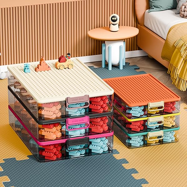 TOYS STORAGE ORGANIZER BINS FOR LEGO, STACKABLE TOYS ORGANIZER, LEGO BUILDING BLOCK STORAGE, TOY STORAGE BOX WITH 24 PALACE GRIDS, PLASTIC STACKABLE ORGANIZER BINS (WHITE 3LAYERS)